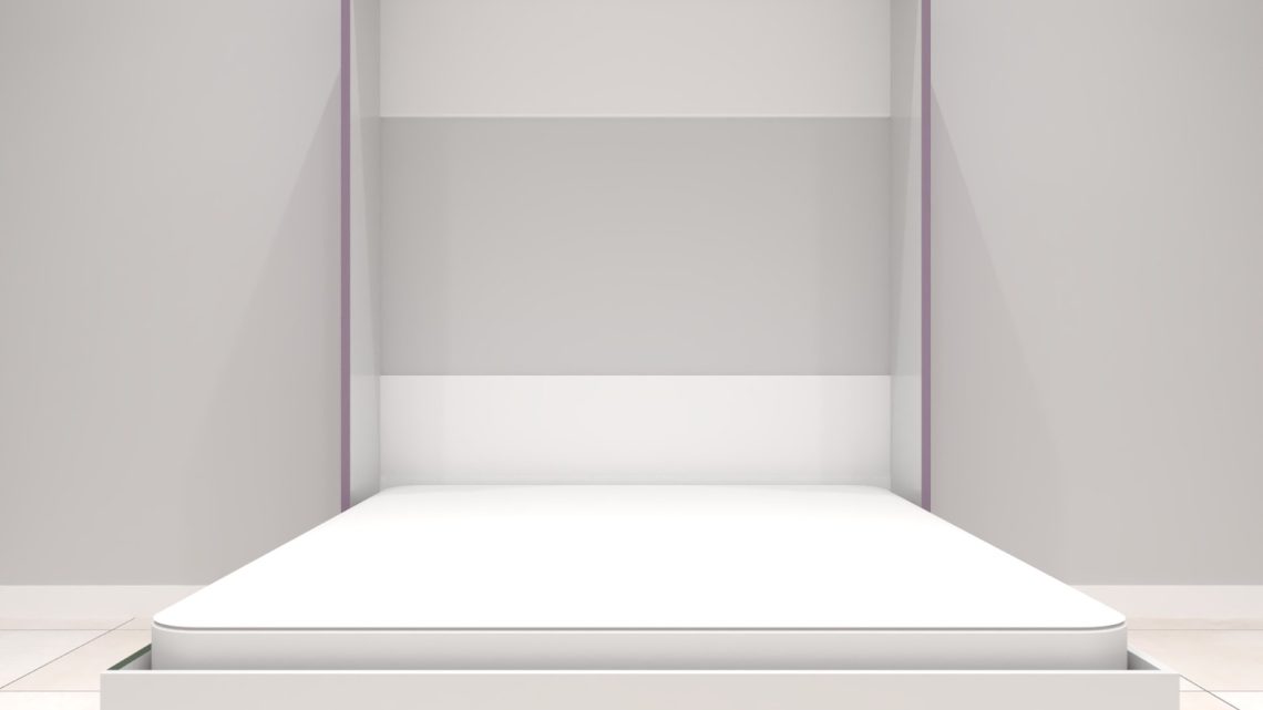 Modern double Murphy bed with lavender frame – space saving folding bed design