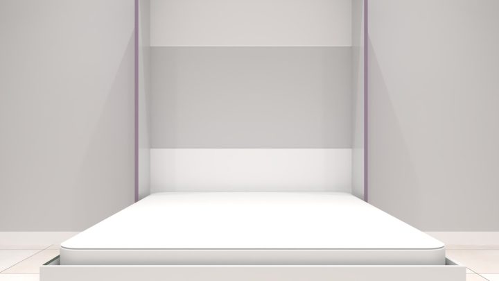 Modern double Murphy bed with lavender frame – space saving folding bed design