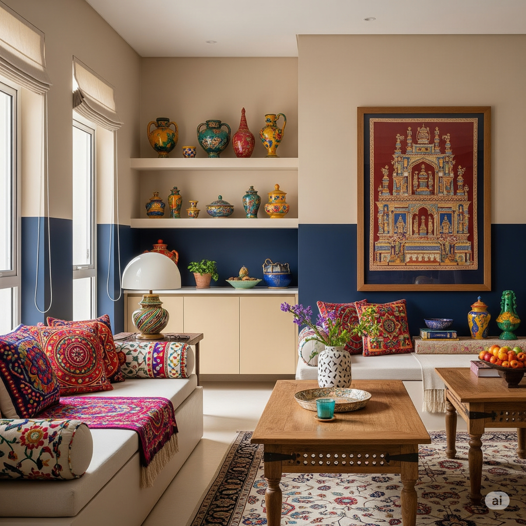 A modern living room inspired by Indian design, featuring a low-slung sofa with colorful cushions, a patterned rug, and warm lighting. The room incorporates natural materials like wood and woven textiles, with decorative elements such as artwork and plants.