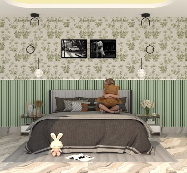 An eye-level shot of a child hugging a teddy bear on a bed in a bedroom. The room features a floral wallpaper on the upper walls and green wooden slats on the lower walls. Two black-and-white pictures hang above the bed, which has a grey upholstered headboard. Nightstands with lamps, vases, and flowers flank the bed. The floor is light marble with a grey rug, and a bunny nightlight is in the foreground.