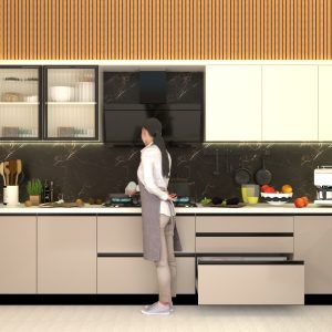 A complete modern L-shaped kitchen interior featuring off-white and greige cabinetry, white quartz countertops, a black marble backsplash with white veins, and a wooden slat ceiling accent, with a stainless steel refrigerator visible.