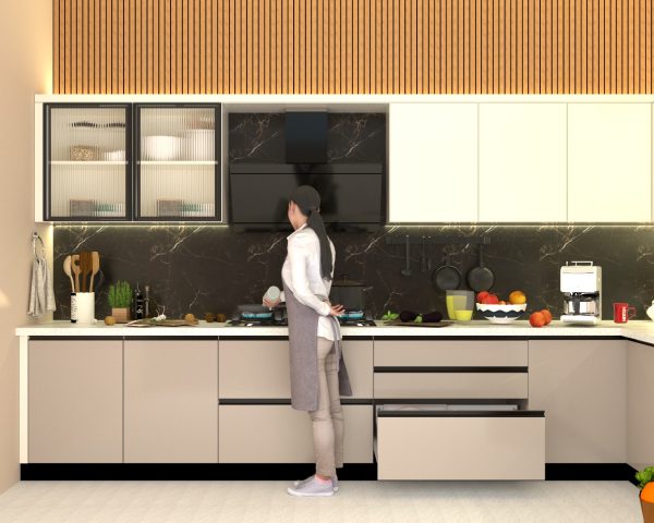 A complete modern L-shaped kitchen interior featuring off-white and greige cabinetry, white quartz countertops, a black marble backsplash with white veins, and a wooden slat ceiling accent, with a stainless steel refrigerator visible.