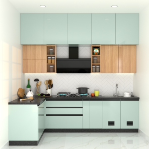 Dual-tone modular kitchen featuring pastel green and wood finish cabinets, with modern kitchen designs for stylish and functional home interiors.