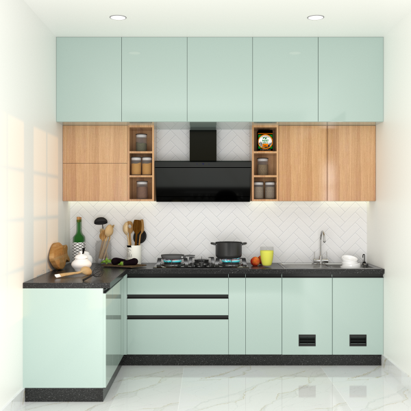 Dual-tone modular kitchen featuring pastel green and wood finish cabinets, with modern kitchen designs for stylish and functional home interiors.