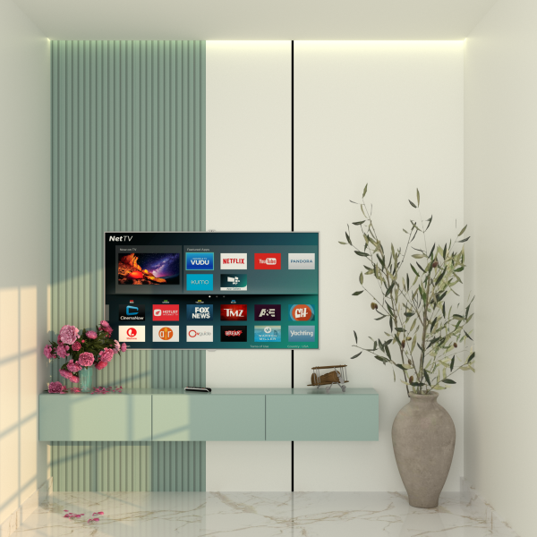 mint green wall-mounted tv unit with decorative flowers and a large ceramic vase in a modern living room