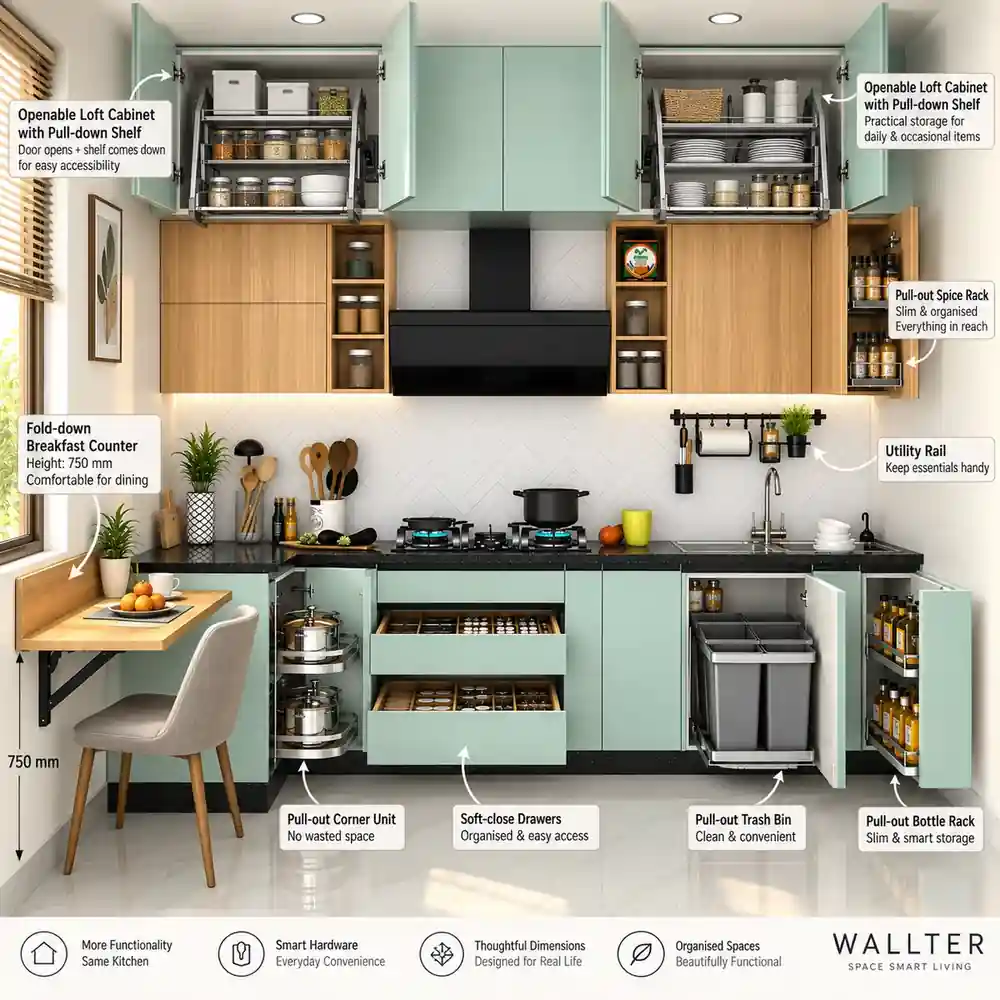 DUAL-TONE MODULAR KITCHEN – CONTEMPORARY KITCHEN DESIGNS) 2 Multifunctional kitchen with openable loft shutters, pull-down shelves and space-saving storage hardware
