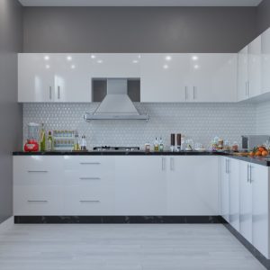 L shaped modular kitchen with white cabinets and black countertops featuring modern storage solutions