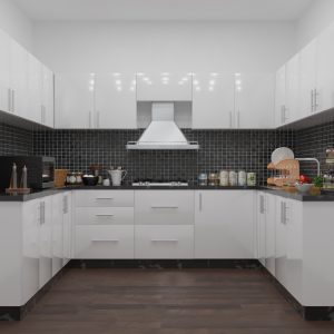 U shaped modular kitchen design featuring white cabinetry, dark countertops and efficient three-wall storage layout
