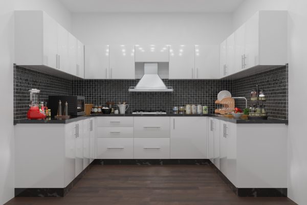 U shaped modular kitchen design featuring white cabinetry, dark countertops and efficient three-wall storage layout