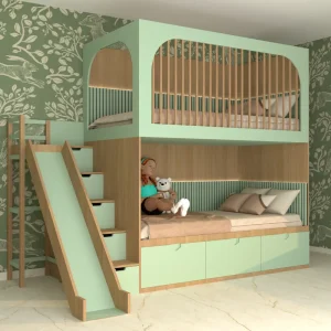 Wallter green bunk bed with a modern space-saving design for kids' rooms