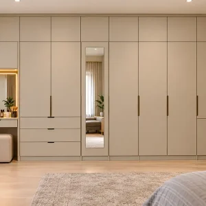 Modern bedroom closet design with closed storage