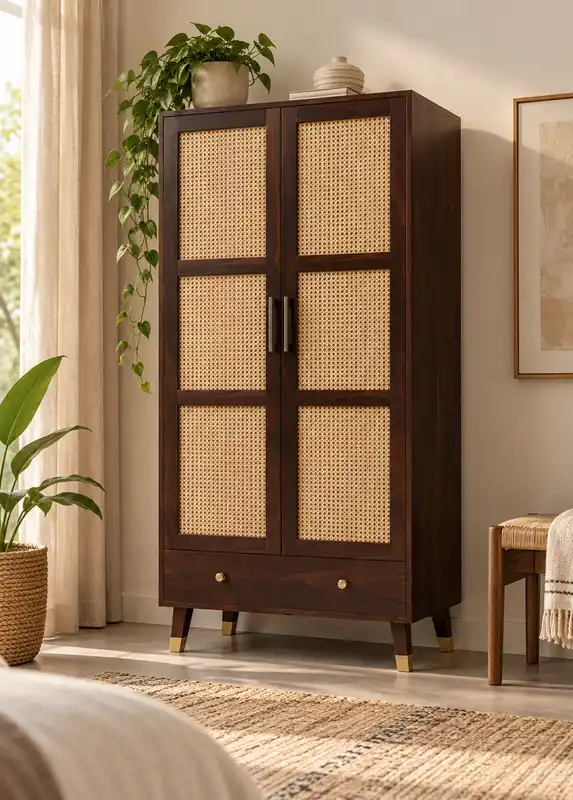 Sheesham Wood Wardrobe 4 Wooden wardrobe in a bedroom interior