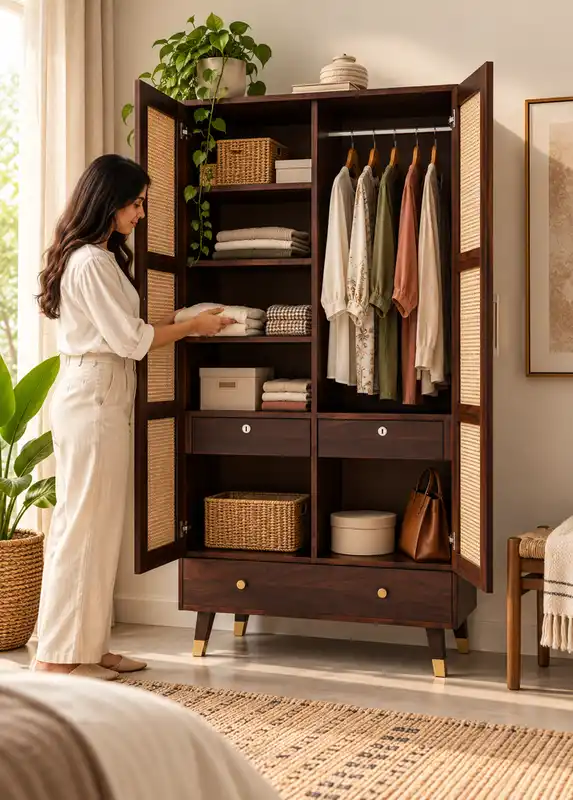 Sheesham Wood Wardrobe 3 Premium wooden wardrobe with open storage